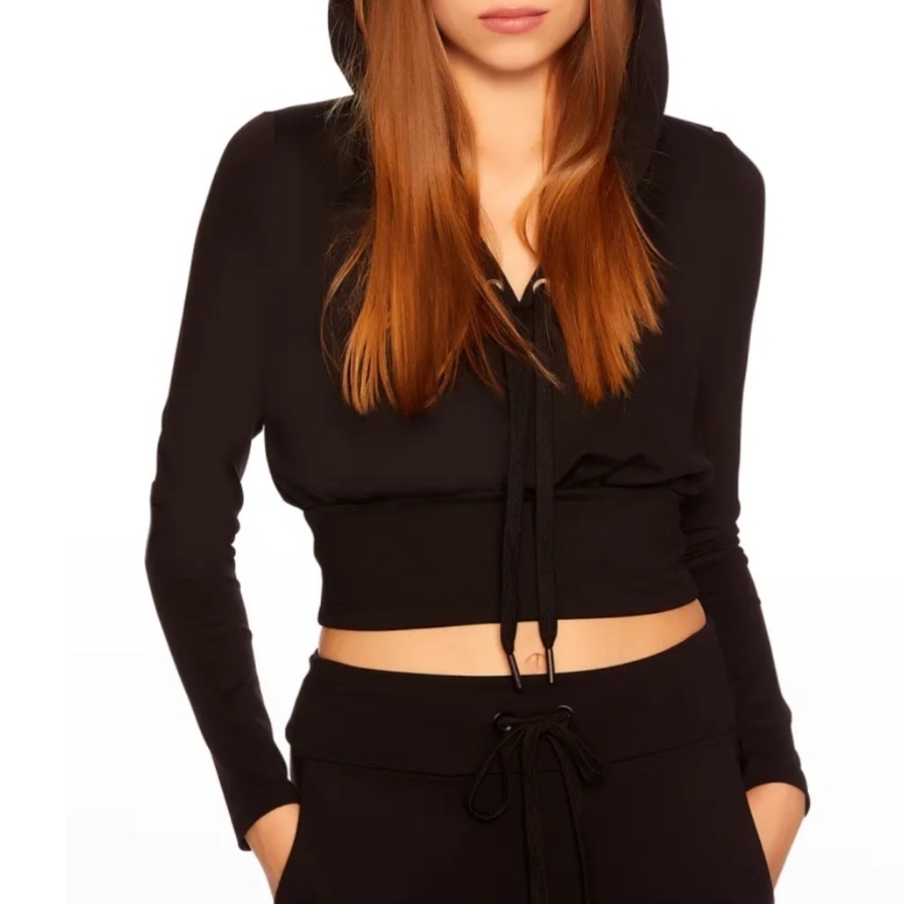 Susana Monaco Black Cropped V-Neck Hoodie